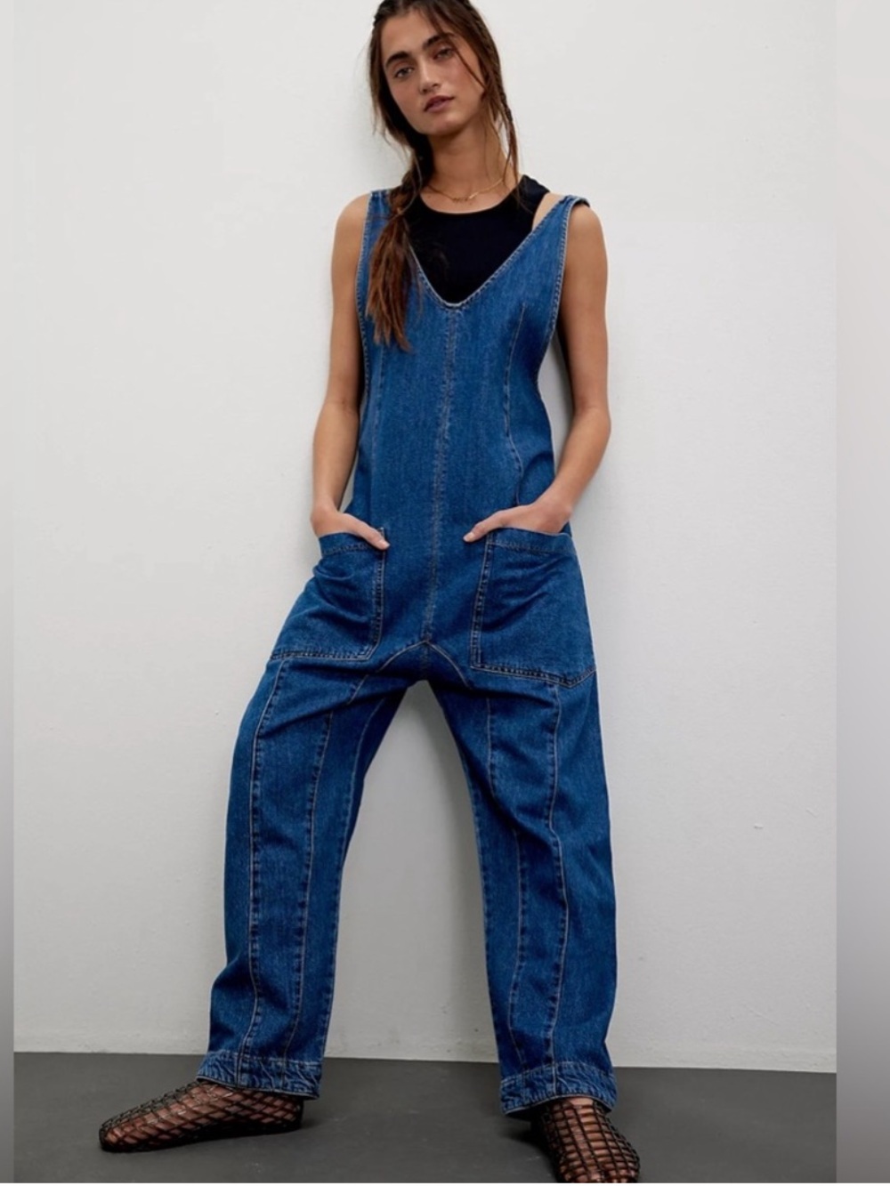 We The Free Sapphire Blue High Roller Denim Overalls w/ Front Patch Pockets NWT